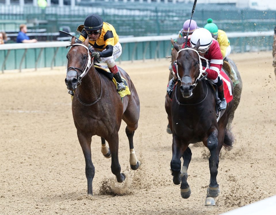 Gunite (1), under Ricardo Santana Jr., beats Brigadier General (4) to win a maiden race at Churchill Downs on June 26, 2021.