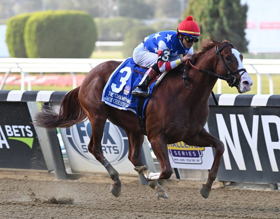 Jack Christopher, under Jose Ortiz, wins the Champagne Stakes at Belmont Park on Oct. 2, 2021.
